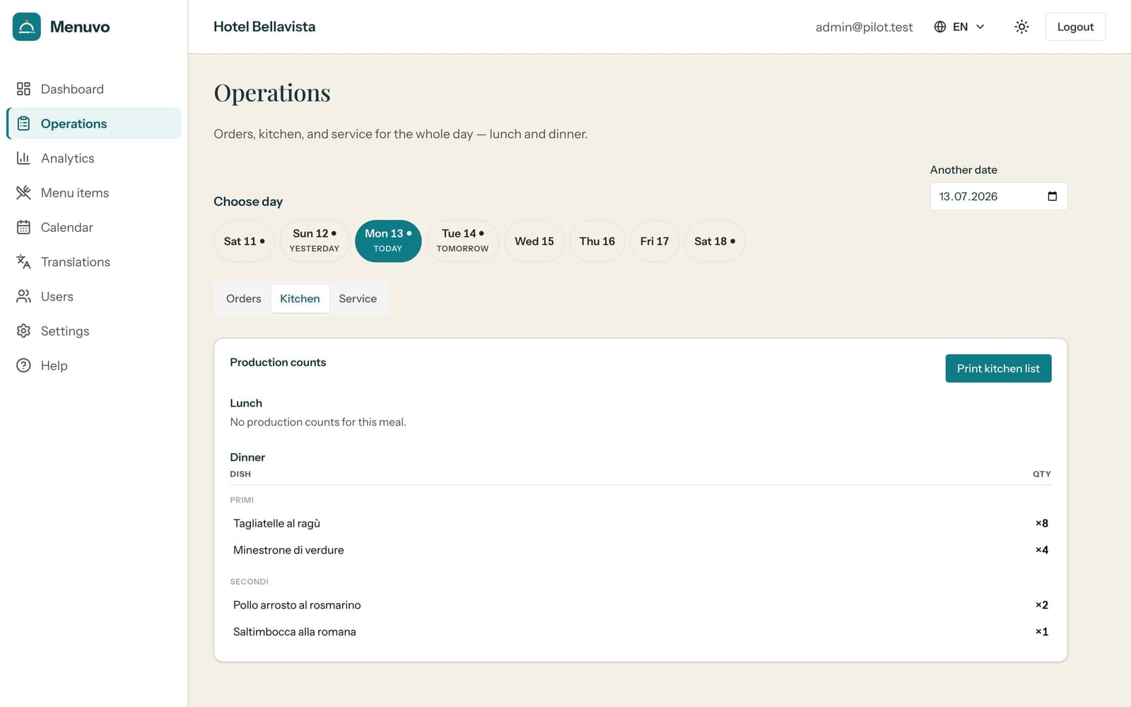 Menuvo Operations with day picker, kitchen phase and production counts