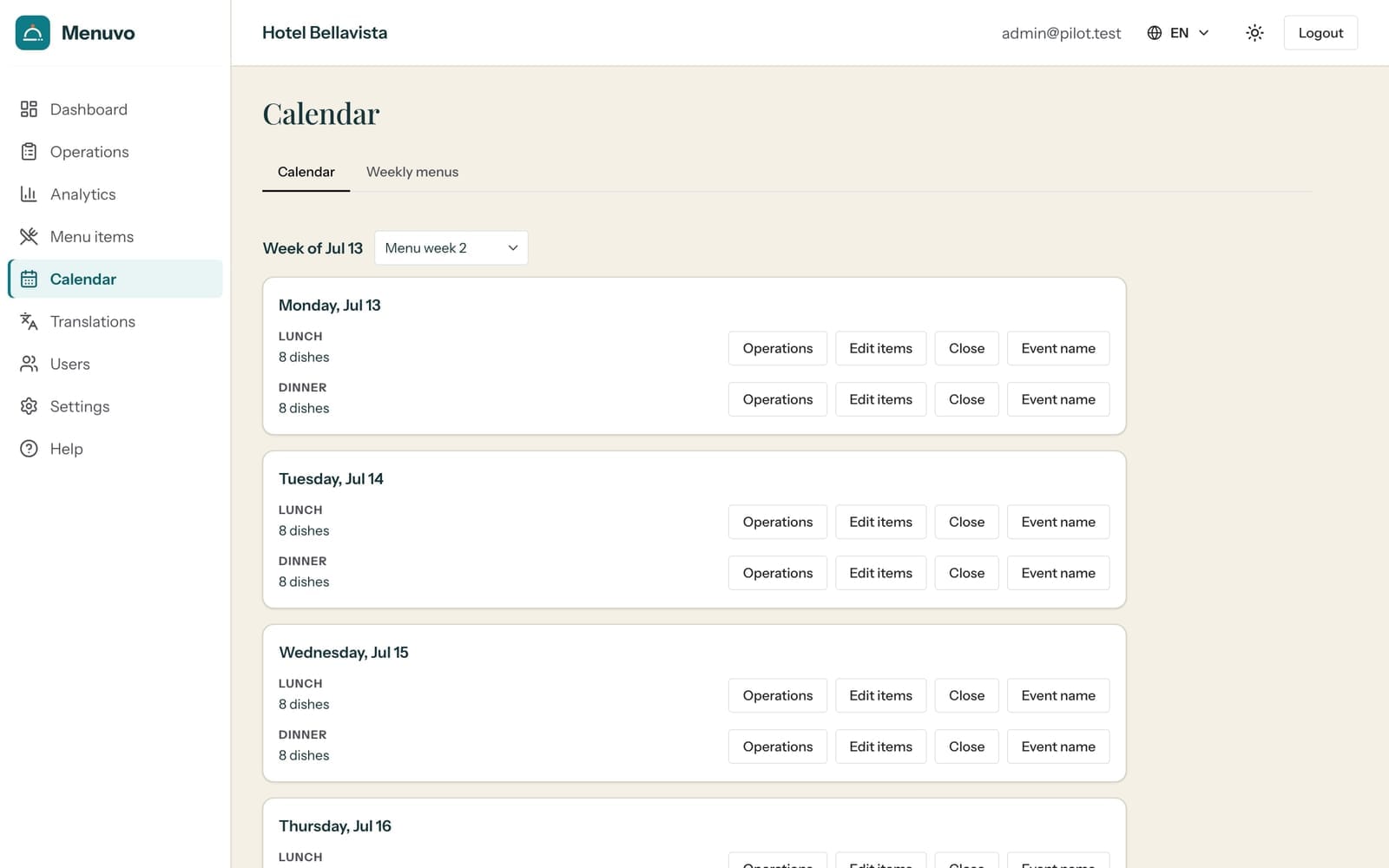 Menuvo calendar with menu weeks and actions per lunch and dinner