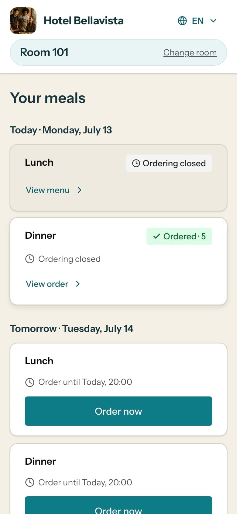 Menuvo guest app on a phone showing upcoming meals and order status