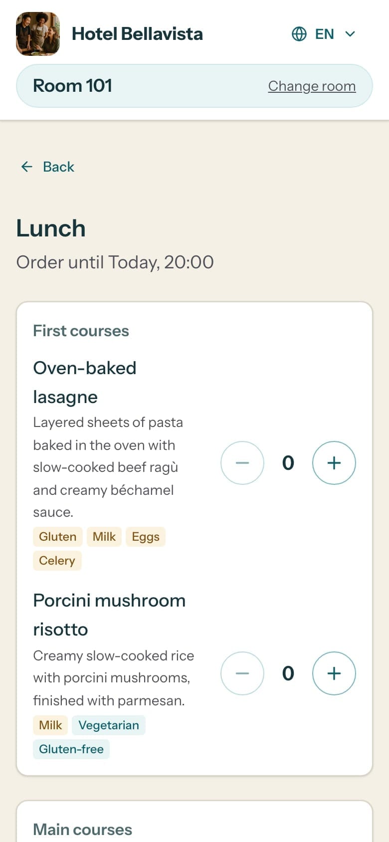 Menuvo guest app on a phone showing upcoming meals and order status