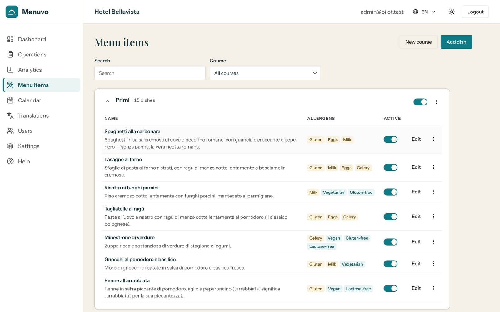 Menuvo menu items screen with courses, allergen badges and active dishes