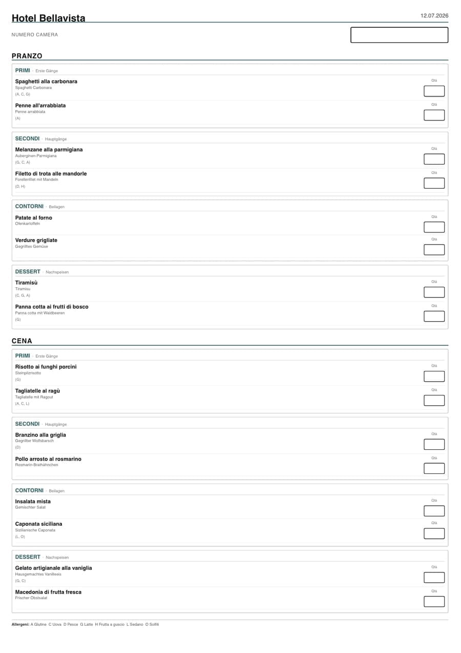 Printed paper order form with lunch and dinner and quantity boxes