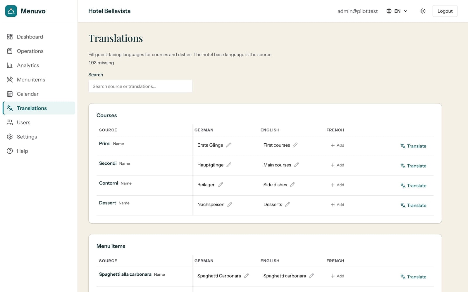Menuvo translations matrix with source language, target locales and Translate action